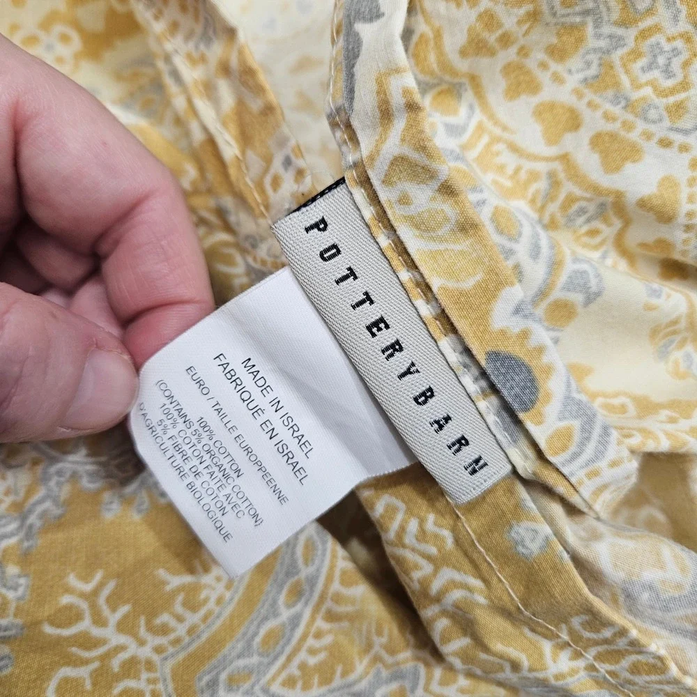 Pottery Barn Pillow Sham Euro Organic Cotton Floral Paisley Yellow Tan‎ Gray